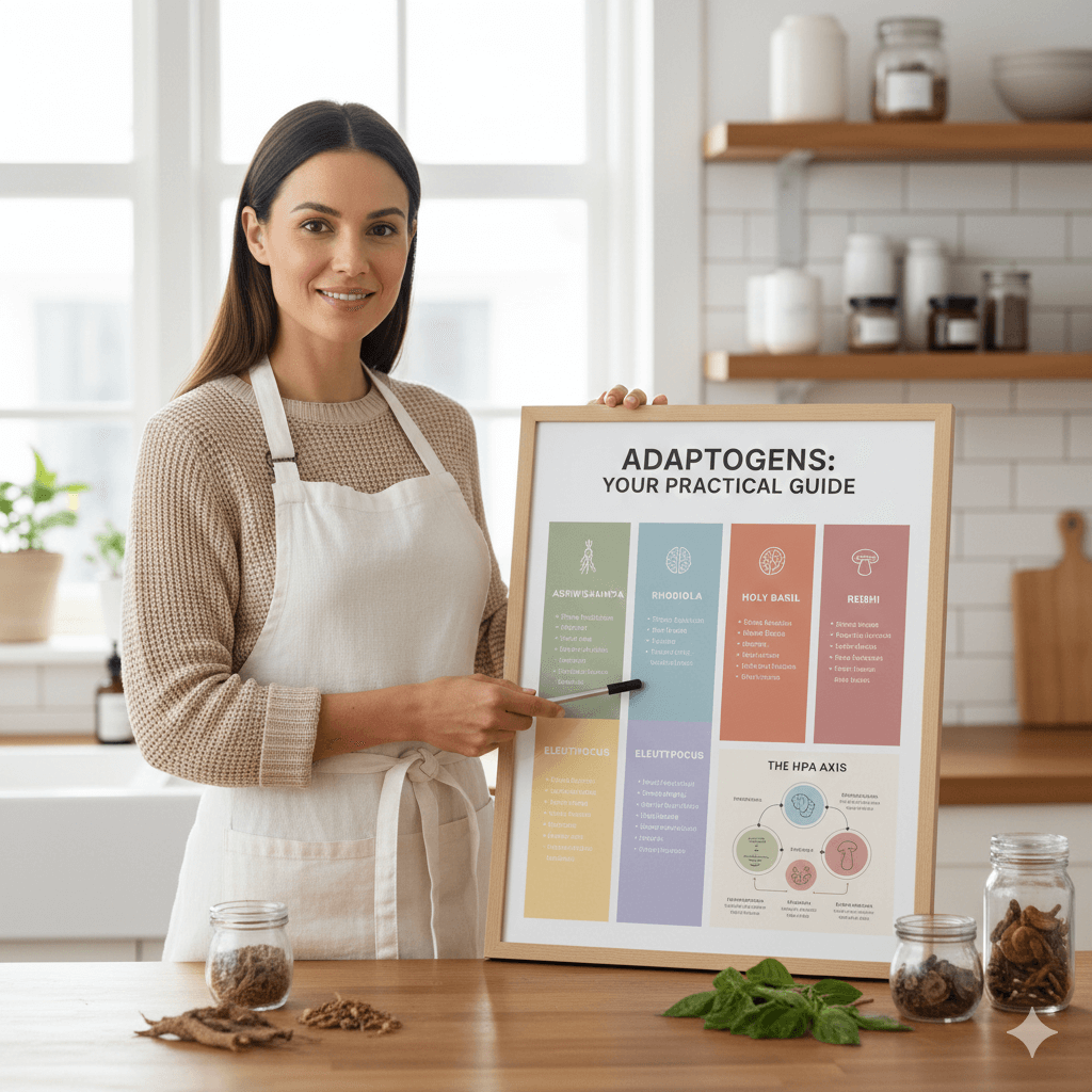 Adaptogenic herbs and roots arranged on a natural surface